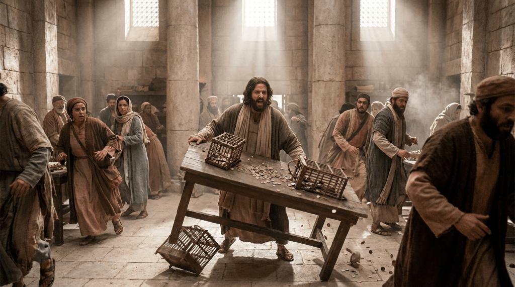 Man in robes overturns a table of coins in a crowded stone temple.