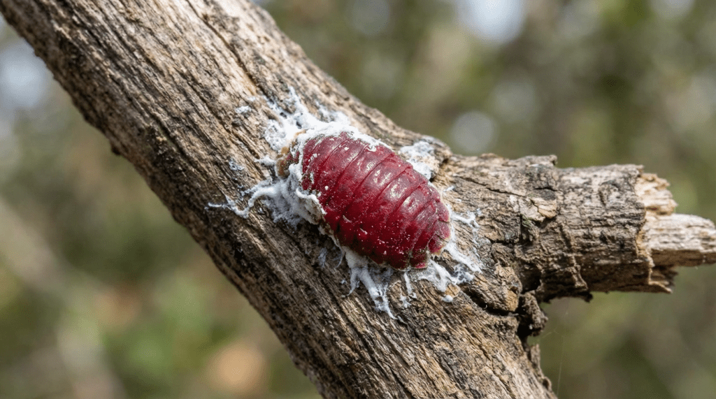 Red cochineal insect with white waxy secretions on a textured wooden branch.