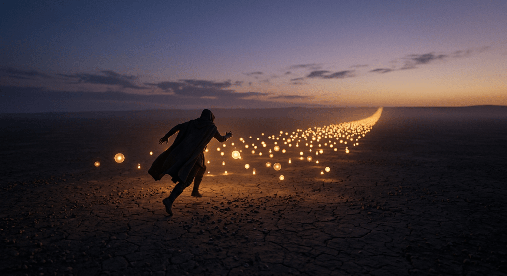 A person in a hooded cloak running on cracked ground following a line of glowing orbs extending toward the horizon at sunset.