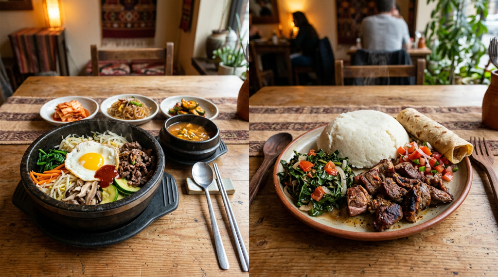 Korean bibimbap with vegetables and egg next to African plate with meat, greens, and ugali